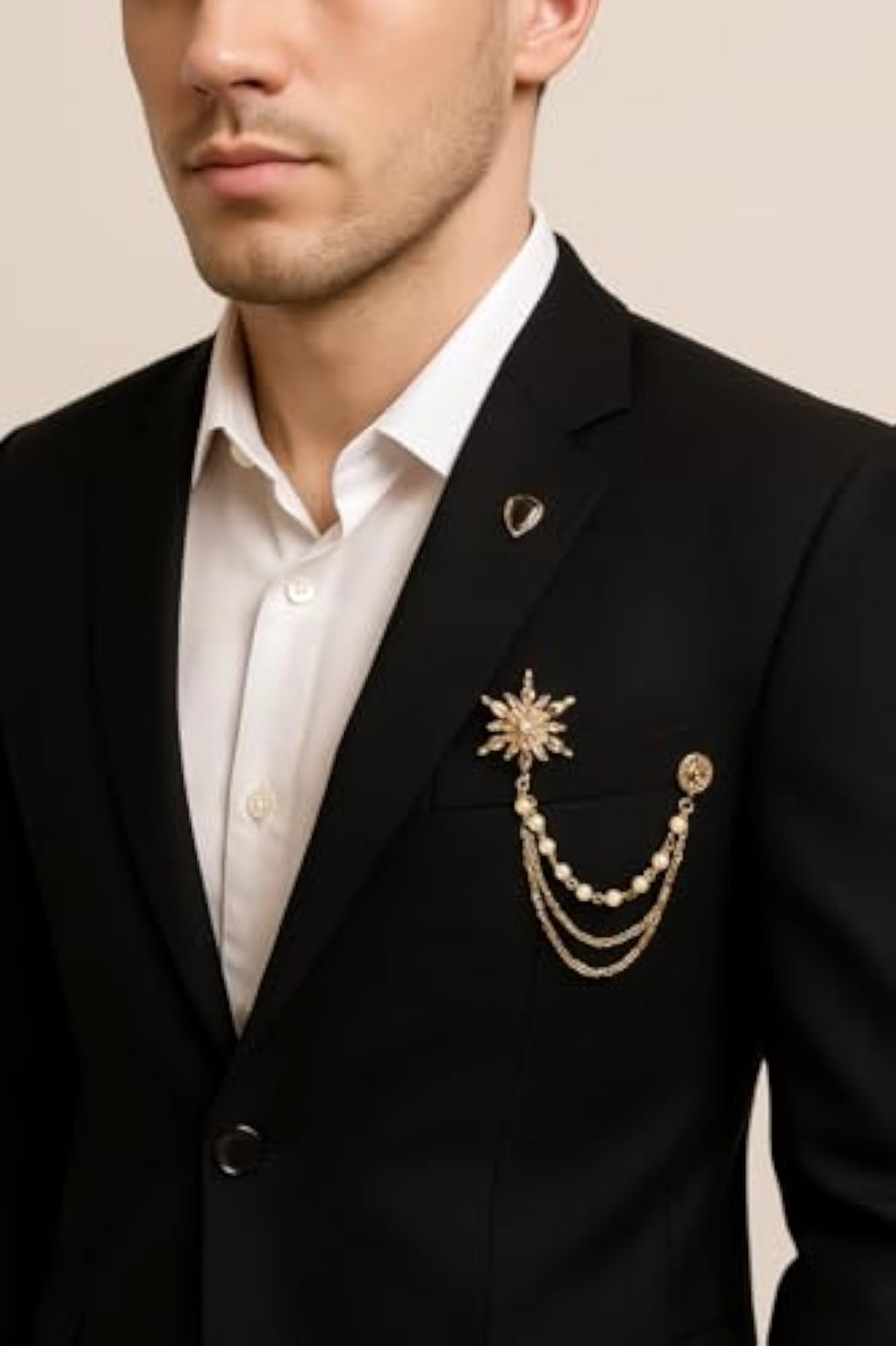 Men's Premium Gold Lapel Brooch with Triple Chain & Pearls