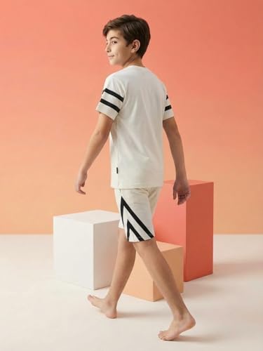 Image of Li'l Tomatoes Boys 100% Cotton Night Suit Set | Half Sleeve T-Shirt & Shorts | Color Block & Typography Print | Soft & Breathable Sleepwear | Casual Summer Wear | 9-16 Years