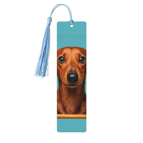 カラフルなタッセル付き木製しおり スカイブルー、ダックスフンド犬 木製ブックマーカー パーソナライズされた木製ハンギングタグ オーナメント DIY クラフトブックマーク 男性/女性向け 本好き向け