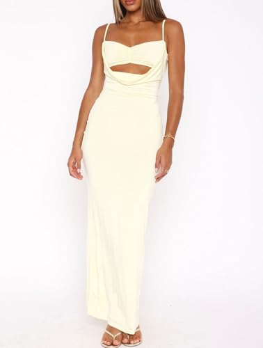 Image of NUFIWI Women Sexy Cutout Long Dress Spaghetti Strap Ruched Bodycon Maxi Dress Backless Hollow Cocktail Dresses