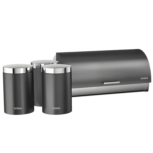 briebe Set Panera de Mesa + Juego de 3 Botes Cocina Almacenaje, Acero Inoxidable, Contenedor para Guardar Pan y Bollería,Tapa Deslizante, Diseño Moderno, Bread Box, Gris/Inox