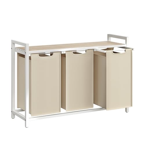 VASAGLE Panier à Linge 3 Compartiments, Corbeille à Linge Sale, 3 Sacs Amovibles en Tissu Oxford, Étagère, Cadre en Métal, 3 x 40 L, 92,5 x 33 x 72 cm, Beige Cappuccino et Beige Naturel BLH301LH01