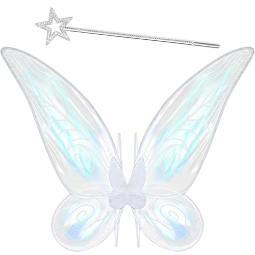 ODESABO 2 Pcs Fairy Wings Girls Kids Butterfly Wings and Wand Fairy Wings Costume for Adults Girls Halloween Dress Up (White)