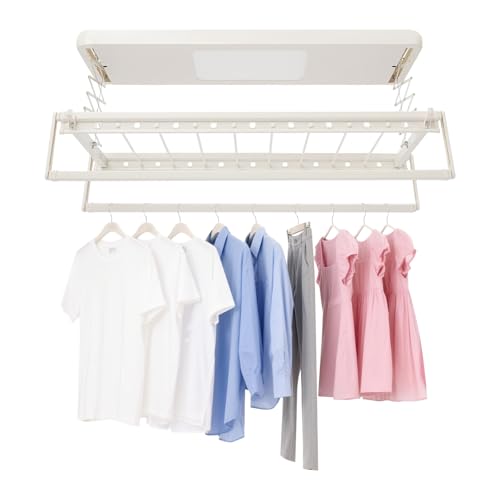 KKVUIIFF Tendedero eléctrico de pared, tendedero de pared con mando a distancia, soporte de techo, extensible, plegable, para balcones, lavaderos (blanco)
