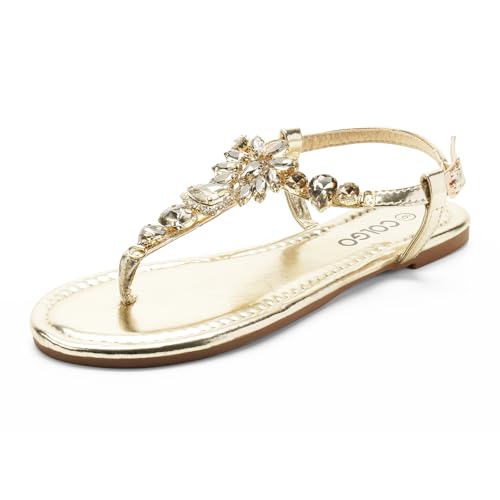 Colgo Women's T-Strap Flat Sandals, Elegant Glitter Rhinestone Thong Dress Shoes, Comfortable Wedding Sandals for Summer Beach Parties
