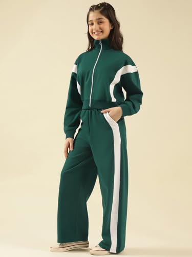 Image of Li'l Tomatoes Girls Solid Fleece Winter Track Suit | Zip-Up High Neck Jacket & Wide-Leg Track Pants | Casual Co-Ord Set | 9-16 Years