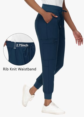 Image of MIVEI High Waisted Jogger Style Scrub Pants for Women - 8 Pockets Medical Bottoms Tapered Yoga Waistband Ribbed Ankle Cuffs