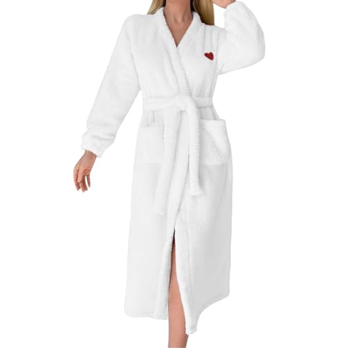 Generisch Peignoir pour femme avec motif cœur - Robe d'hiver en éponge longue et chaude - Peignoir douillet et pelucheux à manches longues avec poches, Blanc., M