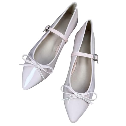 TN TANGNEST Ankle Adjustable Buckle Mary Janes Flats for Women Pointy Toe Sweet Bowtie Pu Leather Dressy Ballest Flat Shoes