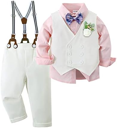 YALLET Toddler Baby Boy Clothes Suit Gentleman Wedding Outfits, Formal Dress Shirt+Bowtie+Vest+Boutonniere+Suspender Pants