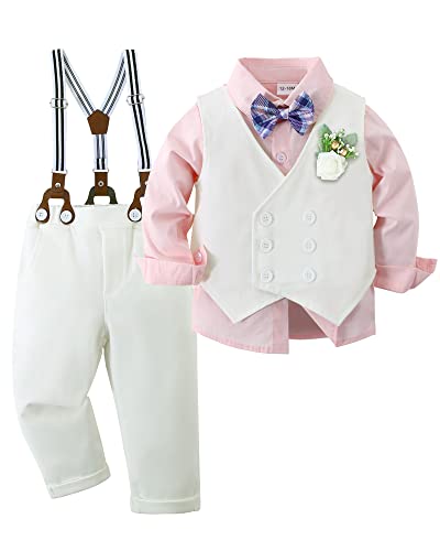Image of YALLET Toddler Baby Boy Clothes Suit Gentleman Wedding Outfits, Formal Dress Shirt+Bowtie+Vest+Boutonniere+Suspender Pants