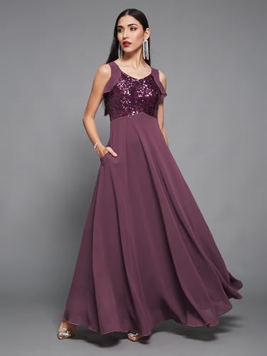 Image of Miss Chase Women's Round Neck Sleeve Embellished Fit Flare Maxi Dress