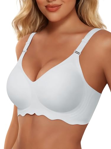 HORISUN Ohne Bügel BH für Damen, Nahtloser Bequemer V-Ausschnitt Vollständiger Bralette für Große Brüste mit Unterstützung Komfort Tshirt Damen BHS (Hinunter Welle Weiß XL)