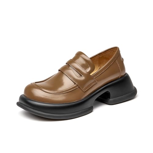 Image of BEAU TODAY Chunky Loafers Women,Patent Full Grain Leather Loafers for Women,Comfortable Slip-on Fashion Platform Shoes, Non Slip Business Casual Work Office Square Toe Dress Shoes