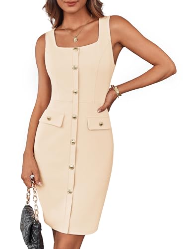Image of GRACE KARIN 2025 Women's Buttons Belted Square Neck Business Work Dress Sleeveless Bodycon Midi Dress
