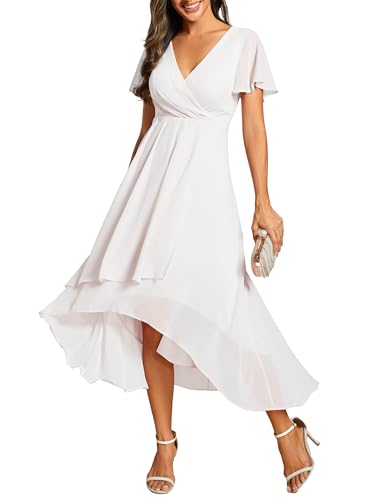 Ever-Pretty Vestidos de Invitada de Boda Elegantes Vestidos de Noche de Gasa Mujer Midi Cortos Vestidos de Novia Blanco 46