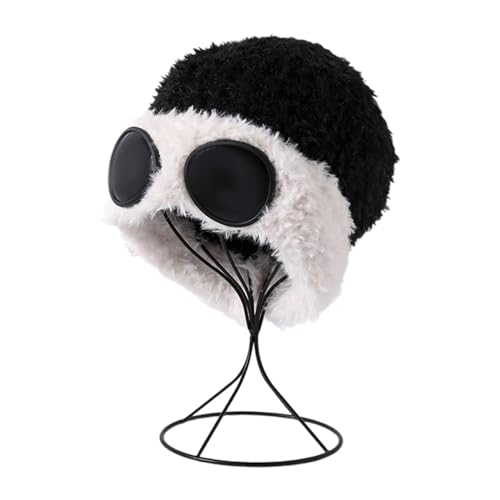 Elastic with Goggles Plush Ear Muff Hat Women Windproof Earflap Hat for Outdoor Activity Skiing Hat White Black