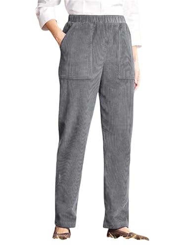 Womens Corduroy Elastic Waist Jeans, Solid Color Casual Loose Petite Chic Women's Hiking Fit Joggers Pants with Pockets