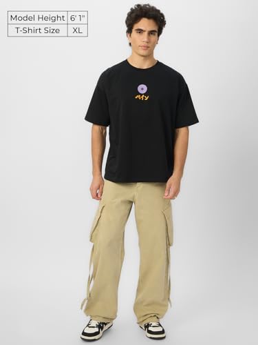 Image of The Souled Store Naruto Shippuden: Pain Men and Boys Short Sleeves Round Neck Black Graphic Printed Cotton Oversized T-Shirts