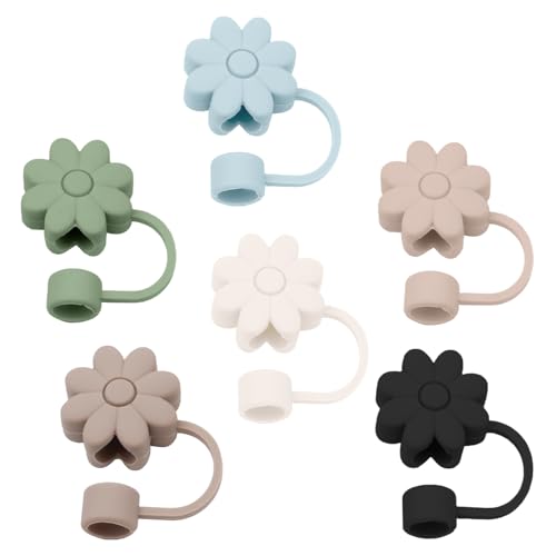 6PCS Silicone Straw Covers Toppers for Stanley Cups 30&40 Oz Tumbler Accessories Flower Straw Caps Black Blue Dust-Proof Reusable Straw Tips Protectors for Stanley Cup 10mm 0.4in Straws