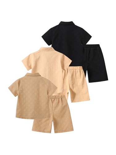 Image of Boys 6 Pieces Summer Beach Outfits Short Sleeve Button Down Shirts and Shorts Vacation Texture Sets for Kids