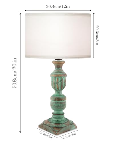 Image of Homesake Rustic Green Wooden Table Lamp for Home Decor | Bedside & Night Lamp for Bedroom, Living Room, Study Table | Vintage Light Lamp, Room Decor Light, KD Off-White Drum