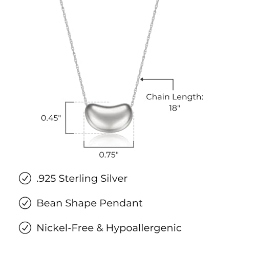 MORGAN & PAIGE .925 Sterling Silver Rhodium Plated, 14K Rose Gold or 18K Yellow Gold Necklaces for Women, Bean Shape Pendant Design Sterling Silver Necklace for Women, Classic Charm Jewelry 18 inch3