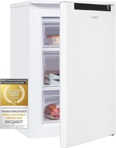 Exquisit congelador vertical, 87L, 4 estrellas, clase D, Color blanco, 3 cajones, método descongelación manual, termostato ajustable, puerta reversible, 40 db, consumo 132 kwh/año, 85,5x54,5x58 cm