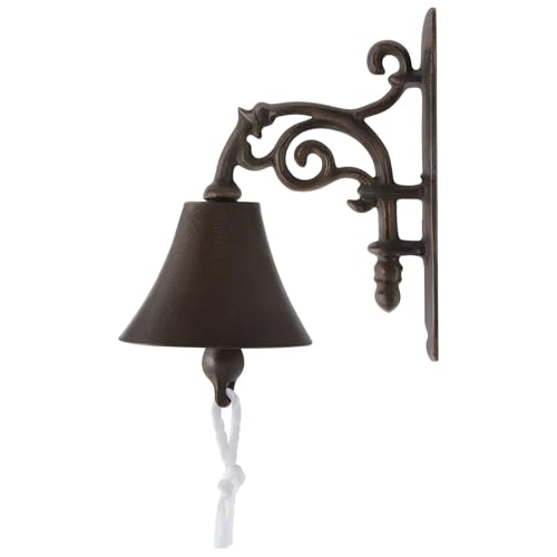 Campana rústica montada en la pared, campana decorativa de bronce antiguo con cuerda de tracción, diseño vintage de granja para exteriores, patio, jardín o uso en interiores