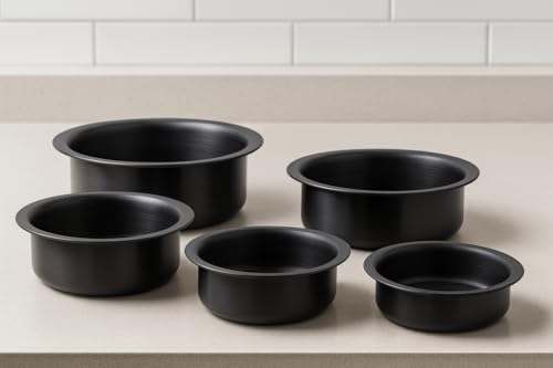 Image of Onions Hard Anodised Lagadi Pan /Tope Set of 5 | Sizes No. 1, 2, 3, 4 & 5 | Deep Round Aluminium Cooking Pan | Gas Stove Compatible | Extra Thick & Durable (Black)