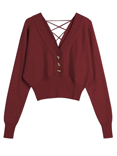 Image of ZAFUL Women V Neck Button Knit Crop Sweaters Batwing Sleeve V Back Ribbed Hem Pullover Sweater