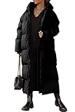 Shanfetl Women Long Quilted Coat Hooded Maxi Length Long Sleeve Puffer Jacket Padded Coat Winter Outerwear Black Medium