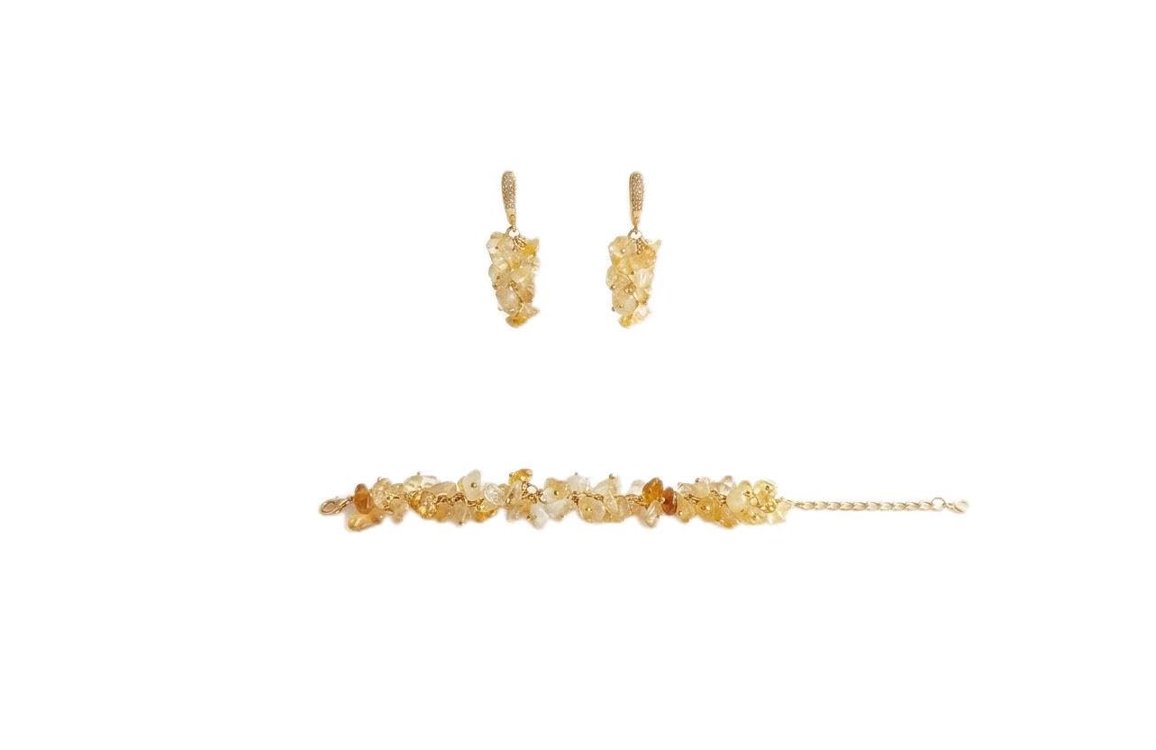 Juego de pulsera y aretes de gota con piedra citrina, latón chapado en oro de 18 quilates