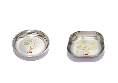 Kitchen Expert Combo of Stainless Steel Square & Round Snack Plate with Floral Design, (5 Inch Each) Set of 8 pcs