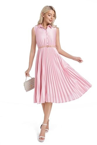 Image of Elegant Satin Midi Dress for Women Slim Long Belted Formal Business Work Casual Dresses
