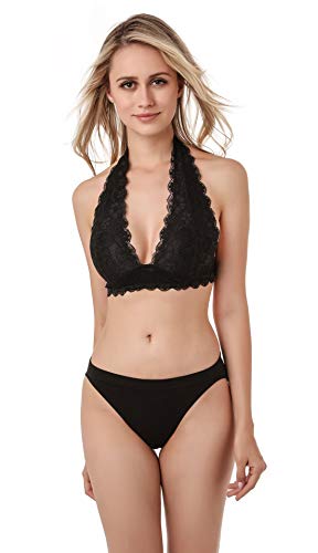 Image of Floral Lace Halter Bra Bralette Top Hook and Eye Closure Back Unpadded Wirefree Lace Bra