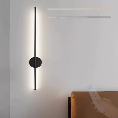 Image of GZZBMY LED Indoor Wall Lights with Remote Control Dimmable Sconces Modern Aluminum Long Strip Aluminum Wall Lamps for Living Room Bedroom Hallway Corridor 3000K-6500K (Black,100cm)