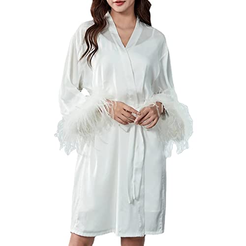 PDYLZWZY Robe de mariée en satin avec plumes et soie pour femme - Kimono - Robes sexy - Chemise de nuit avec ceinture, Blanc., L Cover