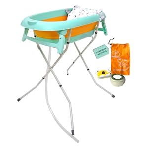 JIRAFFITY Bañera plegable bebé con patas antideslizantes y cojín – Bañera bebe plegable con patas – Incluye tubo de desagüe y accesorios. Bañera bebé compacta y segura