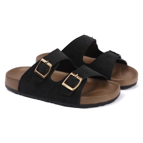 Image of Men's Double Buckle Sandals | Adjustable Strap Slip-On Comfort Slides | Cushioned Footbed Anti-Skid Casual Slippers for Regular Wear Indoor Outdoor