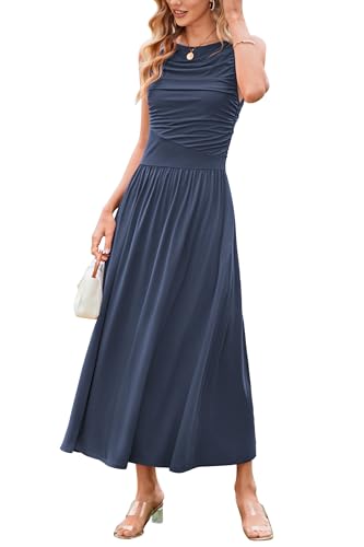 Image of Newshows Women 2025 Summer Maxi Dresses Vacation Ruched Boat Neck Tank Flowy Elegant Party Long Formal Dress Pockets