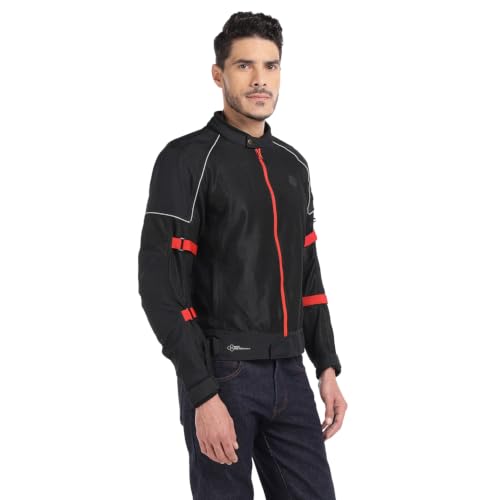 Image of Royal Enfield STREETWIND V3 RIDING JACKET | High Abrasion Polyester Mesh | 610D Cordura Impact Zones | CE Level 2 Ergo Pro-Tech Armours | Adjustable Fit | Cushioned Comfort Collar | BLACK & RED 3XL | Protective gear for bike riding