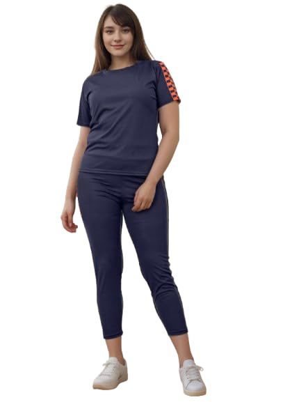 Women's Short Sleeve Track Suit with Checked Shoulder and Side Panel Jogger Pants Set.-image-22