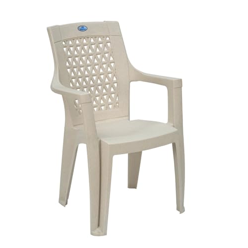 Image of Nilkamal Elevate Plastic Chair with Arm | Set of 4 | Stackable Chair | for Living Room, Bed Room, Kitchen, Balconies, Outdoor | Marble Cream