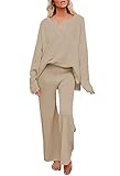 Uusollecy Women 2 Piece Sweater Outfit Set Long Sleeve Pullover Knit Lounge Set Knit Wide Leg Pants