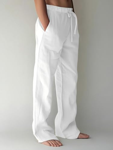 PIDOGYM Mens Cotton Linen Pants, Summer Beach Pants Casual Loose Fit with Elastic Waist Drawstring2