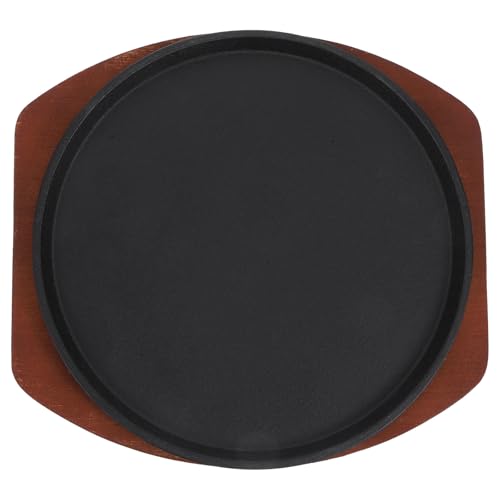 POPETPOP Sartén para Barbacoa de Hierro Fundido 25 Cm Redonda Base de Madera, Antiadherente para Parrilla y Plancha, Adecuado para Asar Bistec Grueso y Cocinar al Aire Libre