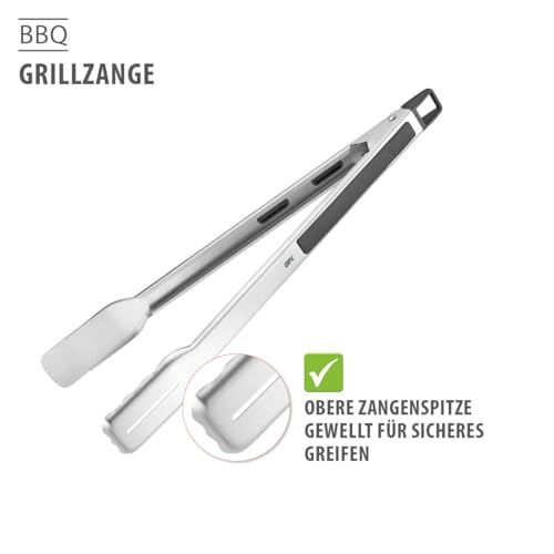 GEFU Grillzange BBQ – Edelstahlzange mit Antirutsch-Griff, flacher Vorderkante & Fettablaufschlitz, mit praktischer Verriegelung & Aufhängeöse - 42,5 cm Länge