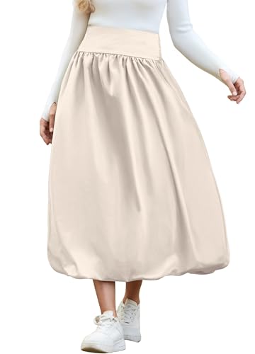 Women's Bubble Long Skirt Elastic Waist A-Line Pleated Ruffle Flowy Balloon Maxi Skirts with Pockets