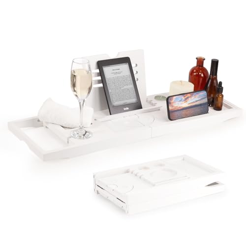 Woodluv Extendable Bamboo Bathtub Tray - Bathroom Caddy with Wine Glass, Candle, Phone, Tablet, Book Holder - Foldable Bath Board for Spa Experience - Adjustable Bath Rack, White